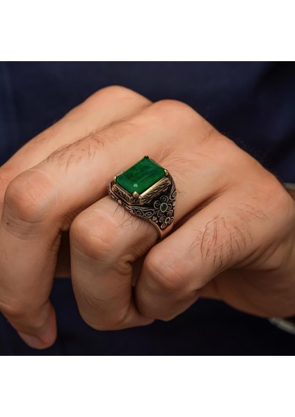 Kare Yeşil Paraipa Taşlı 925 Gümüş Erkek Yüzük indirimleri