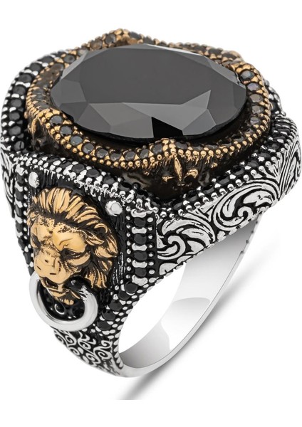Aslan Kapı Tokmak Modeli Siyah Taşlı 925 Gümüş Yüzük fiyatları