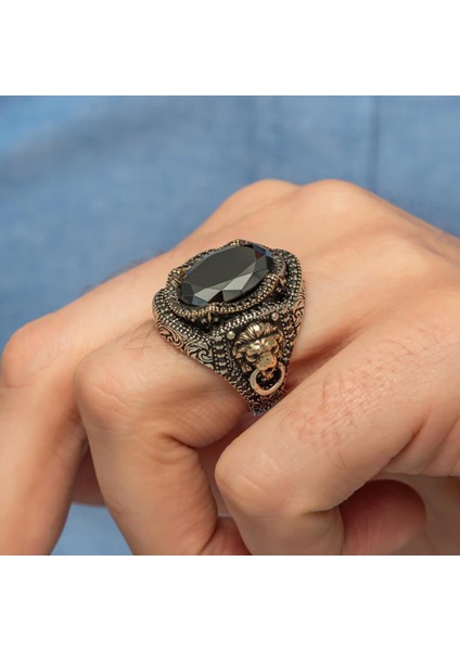 Aslan Kapı Tokmak Modeli Siyah Taşlı 925 Gümüş Yüzük modelleri