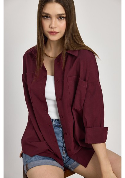 Bordo Çift Cepli Oversize Uzun Basic Gömlek - TCR-6256A