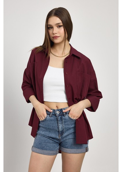 Bordo Çift Cepli Oversize Uzun Basic Gömlek - TCR-6256A