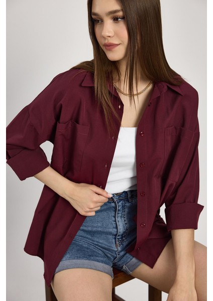 Bordo Çift Cepli Oversize Uzun Basic Gömlek - TCR-6256A