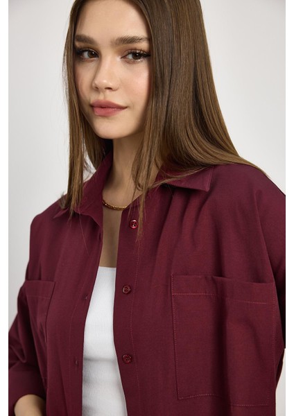 Bordo Çift Cepli Oversize Uzun Basic Gömlek - TCR-6256A