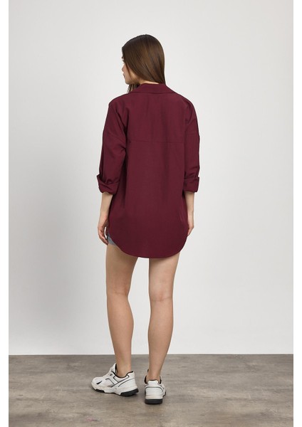 Bordo Çift Cepli Oversize Uzun Basic Gömlek - TCR-6256A