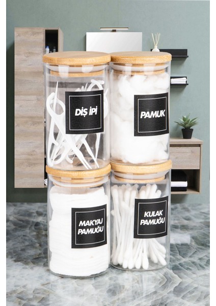 Renkli 4'lü bambu kapaklı pamuk ve diş ipi seti, 250 ml cam kavanozlu, TR üretimi