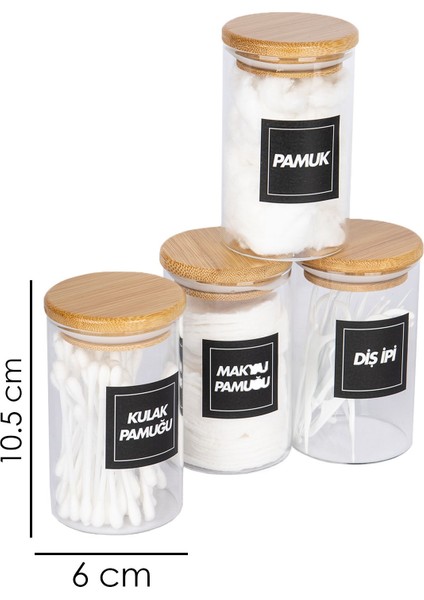 Renkli 4'lü bambu kapaklı pamuk ve diş ipi seti, 250 ml cam kavanozlu, TR üretimi fırsatları