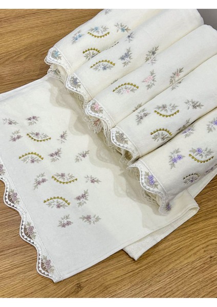 Kadife yüz havlusu 6'lı set, güpür işlemeli, krem renk, 50x90 cm modelleri