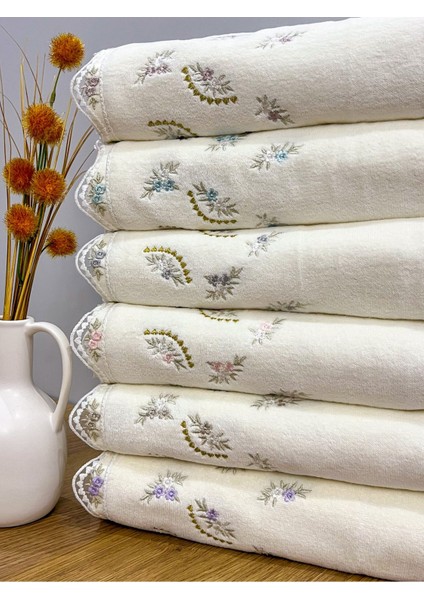 Kadife yüz havlusu 6'lı set, güpür işlemeli, krem renk, 50x90 cm fırsatları