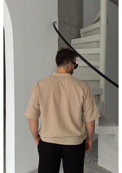 Soro Erkek Oversize Keten Görünümlü Kısa Kol Hakim Yaka Yarım Pat Gömlek