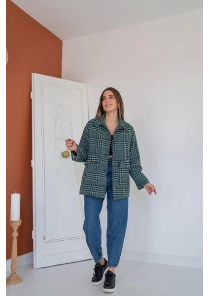my Mint Düğmeli Ekoseli Kaban