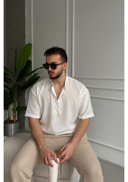 Soro Erkek Oversize Keten Görünümlü Kısa Kol Hakim Yaka Yarım Pat Gömlek