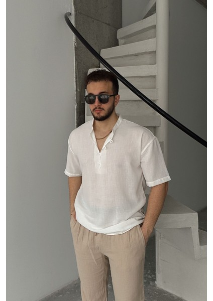 Soro Erkek Oversize Keten Görünümlü Kısa Kol Hakim Yaka Yarım Pat Gömlek