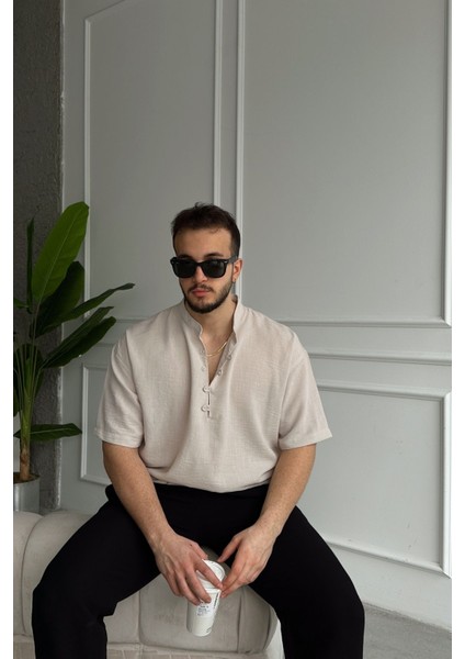 Soro Erkek Oversize Keten Görünümlü Kısa Kol Hakim Yaka Yarım Pat Gömlek