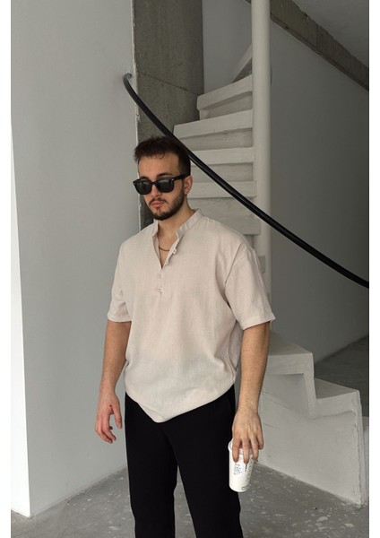 Soro Erkek Oversize Keten Görünümlü Kısa Kol Hakim Yaka Yarım Pat Gömlek