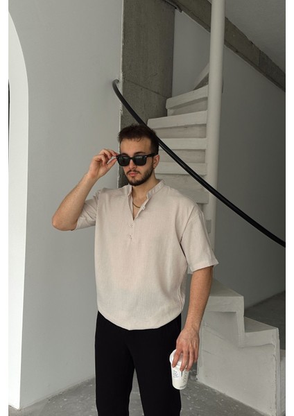 Soro Erkek Oversize Keten Görünümlü Kısa Kol Hakim Yaka Yarım Pat Gömlek