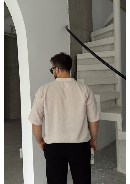 Soro Erkek Oversize Keten Görünümlü Kısa Kol Hakim Yaka Yarım Pat Gömlek