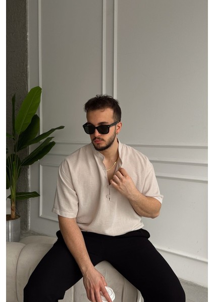 Soro Erkek Oversize Keten Görünümlü Kısa Kol Hakim Yaka Yarım Pat Gömlek