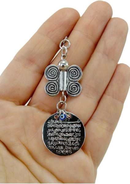 Gümüş Renkli Metal Ayetel Kürsi Araba Dikiz Ayna Süsü Metal Kelebekli Milimalist Hediyelik Aksesuar