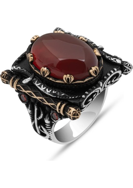 Oval Akik Taşlı Elifvav 925 Ayar Gümüş Yüzük