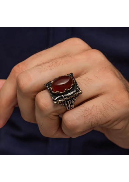 Oval Akik Taşlı Elifvav 925 Ayar Gümüş Yüzük