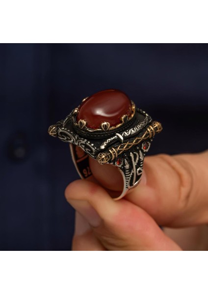 Oval Akik Taşlı Elifvav 925 Ayar Gümüş Yüzük