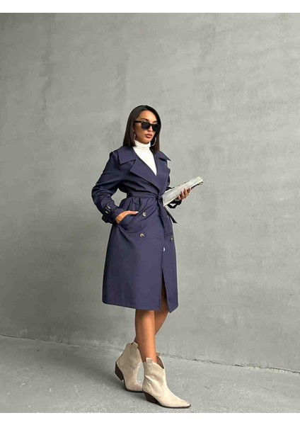 Kadın Kruvaze Yaka Kol Detaylı Kuşaklı Astarlı Lacivert Oversize Trençkot modelleri