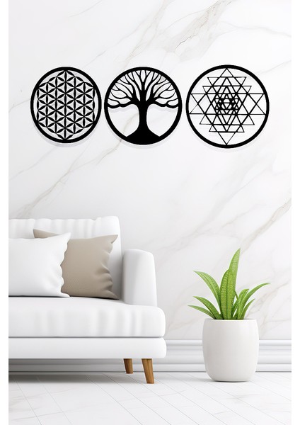 3'lü Yaşam Çiçeği Sri Yantra ve Torus Hayat Ağacı Lazer Kesim Dekoratif Ahşap Tablo Dekoru Süsü