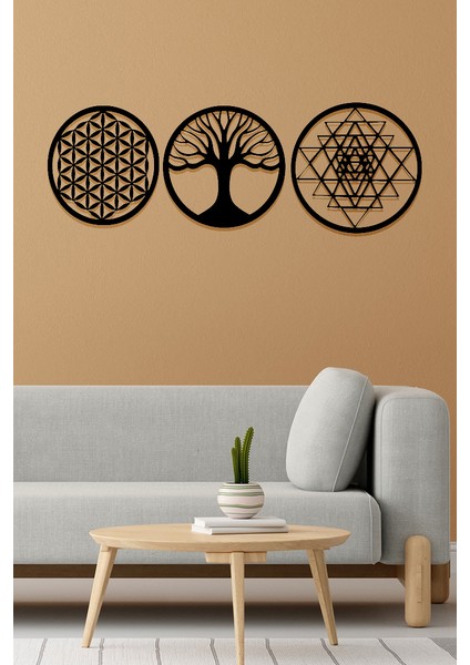 3'lü Yaşam Çiçeği Sri Yantra ve Torus Hayat Ağacı Lazer Kesim Dekoratif Ahşap Tablo Dekoru Süsü