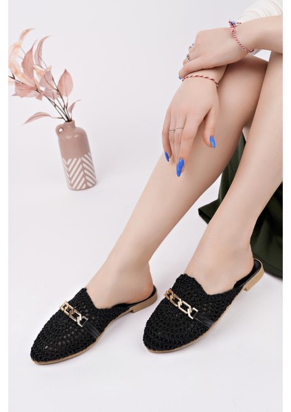 Hst-40 Tokalı Hasır Kadın Terlik Örgü Dış Mekan ve Ev Terliği