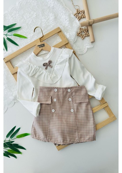 Kareli Şort Etekli Yaka Detaylı Kız Çocuk 2 li takım - Pembe