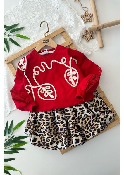 Balon Etekli Yaprak Işleme Detaylı Tük Kol Detaylı Kız Çocuk 2 li takım - Kırmızı Leopar