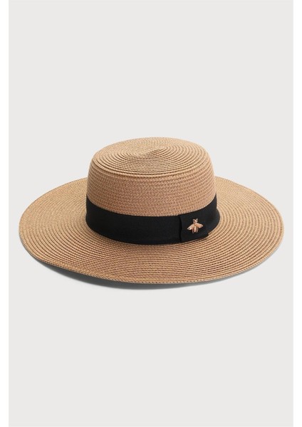 Kadın Taşlı Aksesuarlı Hasır Plaj Şapkası Camel