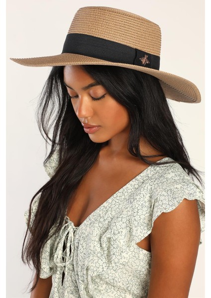 Kadın Taşlı Aksesuarlı Hasır Plaj Şapkası Camel fiyatları