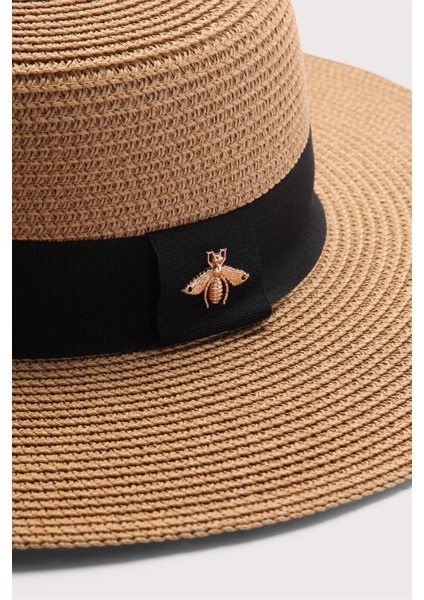 Kadın Taşlı Aksesuarlı Hasır Plaj Şapkası Camel fırsatları