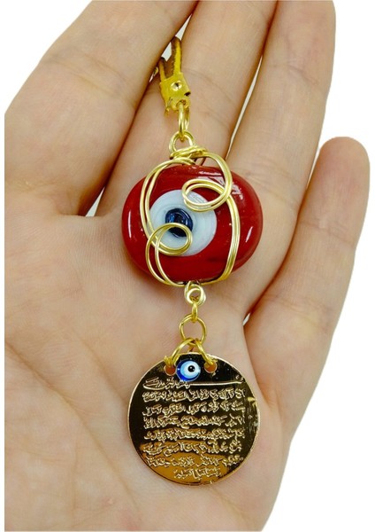Kırmızı Danagözü Nazar Boncuğu Ayetel Kürsi Araba Dikiz Ayna Süsü, Gold Renkli Metal Örme Çerçeveli