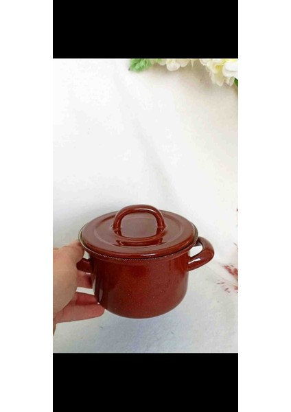 Kahverengi Çilli Mini Emaye Tencere 900 ml Mama Artan Yemek Çorba Tenceresi