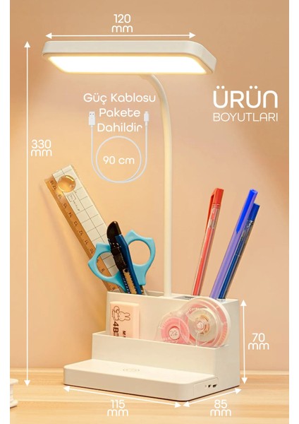Dokunmatik Şarjlı Masa Lambası - 3 Renk 400 Lümen USB Şarj Telefon Stantlı Göz Yormayan Işık