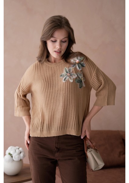 Bisiklet Yaka Aplikeli Ajurlu Salaş Triko Bluz modelleri