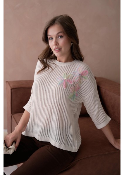 Bisiklet Yaka Aplikeli Ajurlu Salaş Triko Bluz