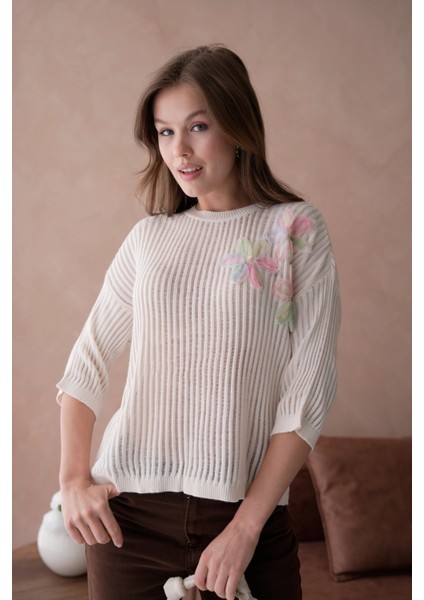 Bisiklet Yaka Aplikeli Ajurlu Salaş Triko Bluz fiyatları