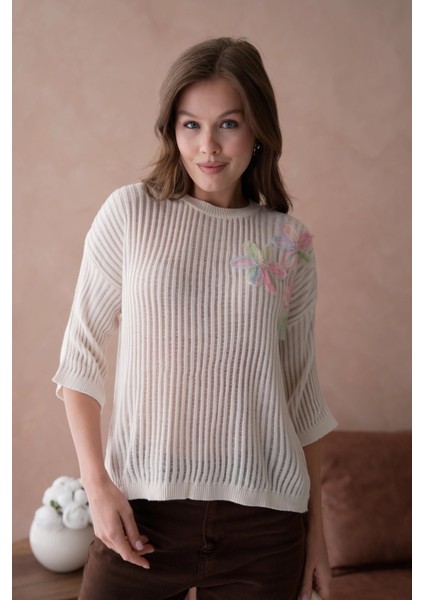 Bisiklet Yaka Aplikeli Ajurlu Salaş Triko Bluz modelleri