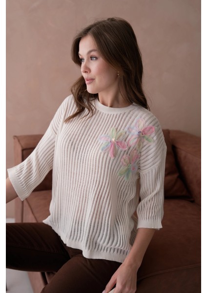 Bisiklet Yaka Aplikeli Ajurlu Salaş Triko Bluz fırsatları