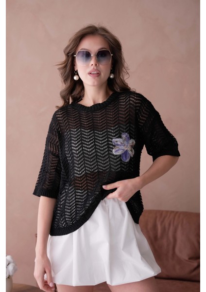 Bisiklet Yaka Aplikeli Ajurlu Salaş Triko Bluz