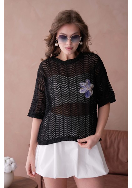 Bisiklet Yaka Aplikeli Ajurlu Salaş Triko Bluz fırsatları