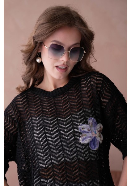 Bisiklet Yaka Aplikeli Ajurlu Salaş Triko Bluz indirimleri