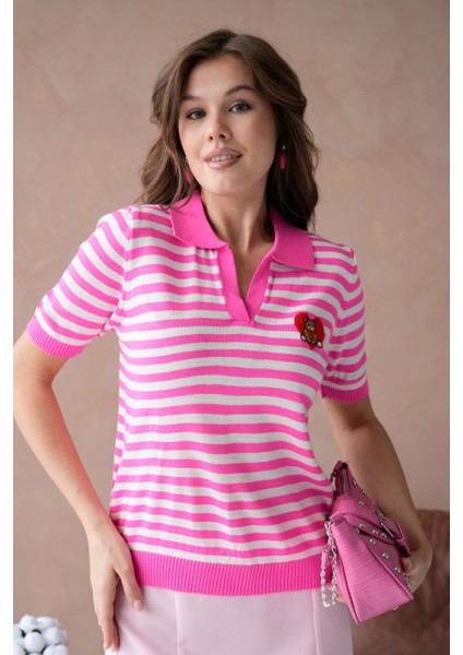 Polo Yaka Nakış Detaylı Çizgili Triko Kazak