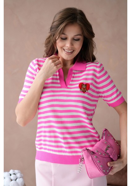 Polo Yaka Nakış Detaylı Çizgili Triko Kazak modelleri