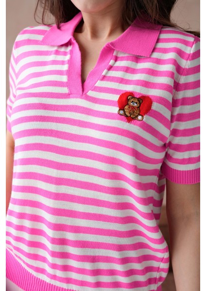 Polo Yaka Nakış Detaylı Çizgili Triko Kazak fırsatları