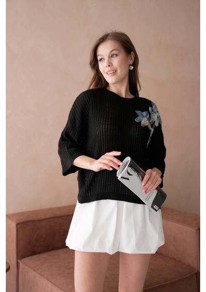 Bisiklet Yaka Aplikeli Ajurlu Salaş Triko Bluz modelleri