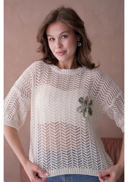 Bisiklet Yaka Aplikeli Ajurlu Salaş Triko Bluz